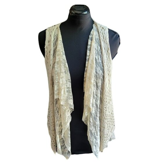 Festival Vest - Crochet and Lace Fringe Cardigan - Bohemian Boho Beige Size XL - Picture 3 of 6